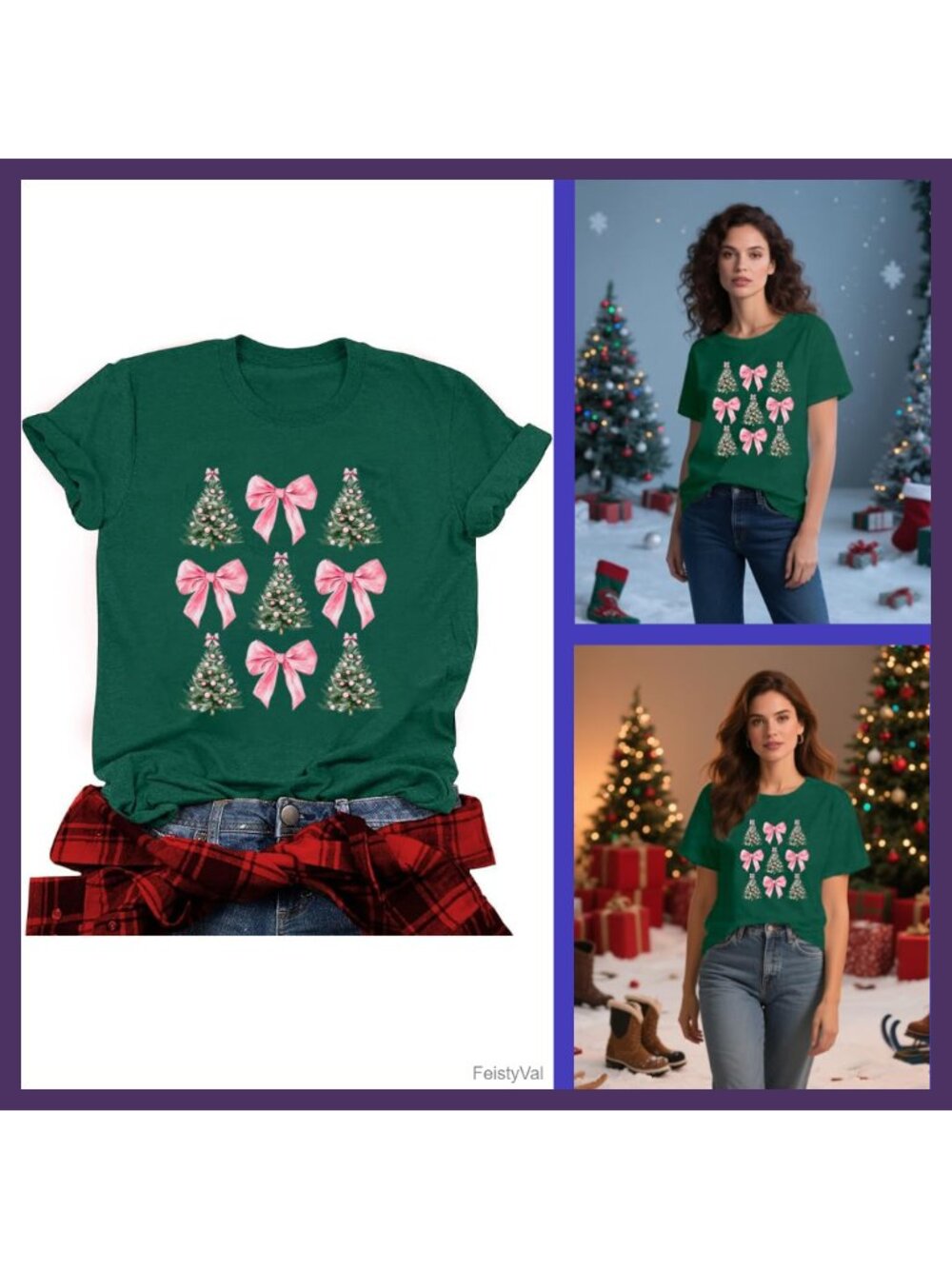 Women's Christmas Tree Bow Print T-Shirt Crew Neck Short Sleeve Festive Tee - Picture 1 of 7